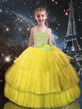 Graceful Straps Sleeveless Lace Up Girls Pageant Dresses Light Yellow Tulle