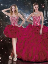 Suitable Organza Sweetheart Sleeveless Lace Up Beading and Ruffles Quinceanera Dresses in Burgundy