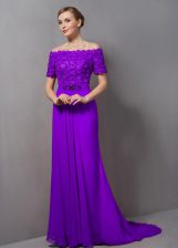  Eggplant Purple Chiffon Zipper Prom Dress Short Sleeves Sweep Train Lace