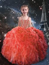  Coral Red Pageant Gowns For Girls Quinceanera and Wedding Party with Beading and Ruffles Straps Sleeveless Lace Up