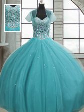 Great Aqua Blue Lace Up Sweet 16 Dresses Beading and Sequins Sleeveless Floor Length