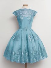 Eye-catching Aqua Blue Scalloped Lace Up Lace Quinceanera Dama Dress Cap Sleeves