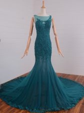  Tulle Scoop Sleeveless Court Train Zipper Beading and Lace and Appliques Prom Evening Gown in Teal 