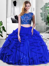  Floor Length Royal Blue 15th Birthday Dress Tulle Sleeveless Lace and Ruffles