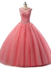 Discount Scoop Sleeveless Sweet 16 Quinceanera Dress Floor Length Beading and Lace Watermelon Red Tulle