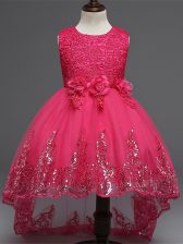  Hot Pink Zipper Scoop Lace and Appliques and Bowknot and Hand Made Flower Little Girls Pageant Gowns Tulle Sleeveless