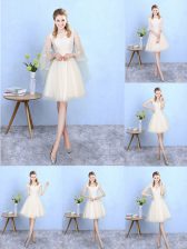  Champagne Empire Tulle V-neck Cap Sleeves Lace Knee Length Lace Up Quinceanera Court of Honor Dress
