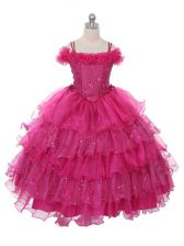  Fuchsia Organza Lace Up Little Girls Pageant Dress Wholesale Sleeveless Floor Length Ruffles and Ruffled Layers