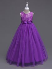 Great Purple A-line Scoop Sleeveless Tulle Floor Length Zipper Lace Little Girl Pageant Dress