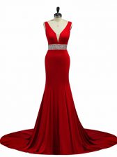 High Class Wine Red Elastic Woven Satin Zipper V-neck Sleeveless Prom Gown Brush Train Beading