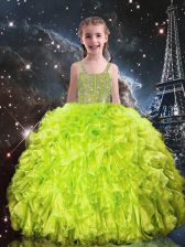 Super Organza Straps Sleeveless Lace Up Beading and Ruffles Little Girl Pageant Dress in Yellow Green