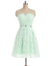 Comfortable A-line Prom Gown Apple Green Sweetheart Lace Sleeveless Mini Length Zipper