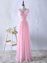 Super Baby Pink Empire Chiffon V-neck Sleeveless Ruching Floor Length Zipper Dama Dress for Quinceanera