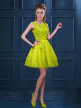  Sleeveless Knee Length Lace and Ruffled Layers Zipper Vestidos de Damas with Yellow Green