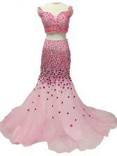  Baby Pink Two Pieces Tulle Straps Sleeveless Beading Zipper Prom Gown Brush Train