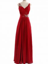 Sexy Floor Length Red Prom Gown V-neck Sleeveless Zipper