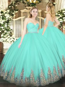 Fantastic Apple Green Ball Gowns Sweetheart Sleeveless Tulle Floor Length Zipper Beading and Lace and Appliques Vestidos de Quinceanera