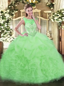  Apple Green Ball Gowns Organza Scoop Sleeveless Beading and Ruffles Lace Up Quince Ball Gowns