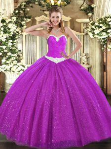 Simple Sweetheart Sleeveless Sweet 16 Quinceanera Dress Floor Length Appliques Fuchsia Tulle