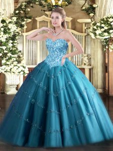 Adorable Sleeveless Floor Length Appliques Lace Up Quinceanera Gown with Teal 