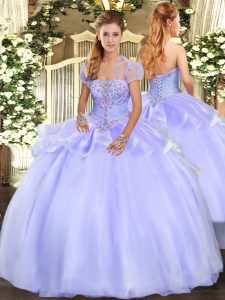 Admirable Lavender Lace Up Ball Gown Prom Dress Appliques Sleeveless Floor Length