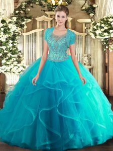 Fabulous Sleeveless Floor Length Beading and Ruffled Layers Clasp Handle Quinceanera Gowns with Aqua Blue