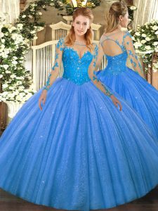 Flirting Baby Blue Tulle Lace Up Scoop Long Sleeves Floor Length Sweet 16 Dress Lace
