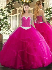 Flare Fuchsia Tulle Lace Up Sweetheart Sleeveless Floor Length 15th Birthday Dress Appliques and Ruffles