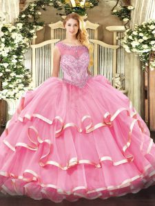 Trendy Rose Pink Organza Zipper 15th Birthday Dress Sleeveless Floor Length Beading and Ruffled Layers
