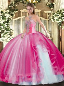Superior Hot Pink Sleeveless Beading and Ruffles Floor Length Quince Ball Gowns