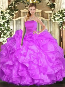 Perfect Lilac Ball Gowns Organza Strapless Sleeveless Ruffles Floor Length Lace Up 15 Quinceanera Dress