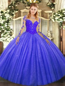 Customized Floor Length Blue Sweet 16 Dress Tulle Long Sleeves Lace