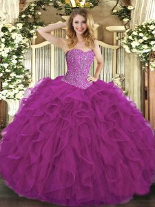 High Quality Fuchsia Tulle Lace Up Sweetheart Sleeveless Floor Length Sweet 16 Quinceanera Dress Beading and Ruffles