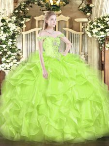  Floor Length Yellow Green Quinceanera Gown Organza Sleeveless Beading and Ruffles