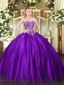 Perfect Purple Sleeveless Satin Lace Up Ball Gown Prom Dress for Military Ball and Sweet 16