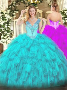 Fine Aqua Blue Ball Gowns Beading and Ruffles 15th Birthday Dress Lace Up Organza Sleeveless Floor Length