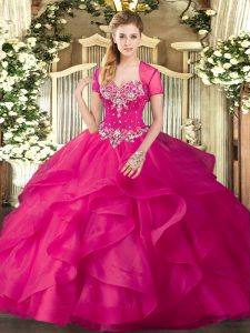 Elegant Hot Pink 15 Quinceanera Dress Military Ball and Sweet 16 and Quinceanera with Beading and Ruffles Sweetheart Sleeveless Lace Up