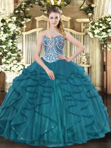  Sleeveless Tulle Floor Length Lace Up Sweet 16 Dress in Teal with Beading and Ruffles