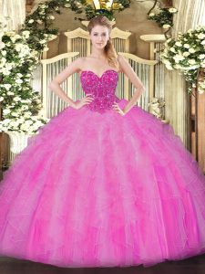  Fuchsia Quince Ball Gowns Military Ball and Sweet 16 and Quinceanera with Beading and Ruffles Sweetheart Sleeveless Lace Up