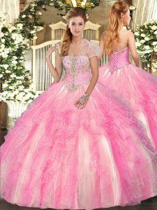 Customized Ball Gowns Ball Gown Prom Dress Rose Pink Strapless Tulle Sleeveless Floor Length Lace Up
