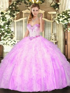  Sweetheart Sleeveless Quinceanera Dresses Floor Length Beading and Ruffles Lilac Organza