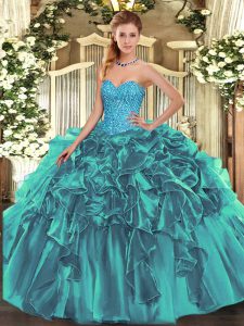 Beauteous Beading and Ruffles Ball Gown Prom Dress Teal Lace Up Sleeveless Floor Length