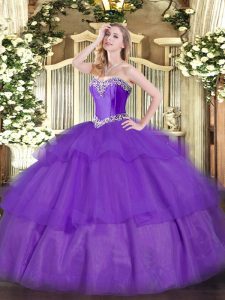  Lavender Tulle Lace Up Sweetheart Sleeveless Floor Length Sweet 16 Quinceanera Dress Beading and Ruffled Layers