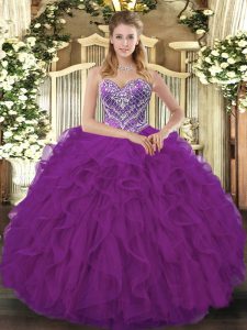 Sophisticated Sleeveless Floor Length Beading and Ruffled Layers Lace Up Sweet 16 Quinceanera Dress with Fuchsia