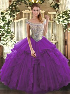  Sleeveless Floor Length Beading and Ruffles Lace Up Ball Gown Prom Dress with Eggplant Purple