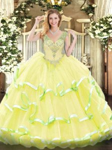Best Selling Floor Length Yellow Quinceanera Dress V-neck Sleeveless Lace Up