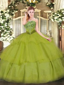  Olive Green Tulle Lace Up Vestidos de Quinceanera Sleeveless Floor Length Beading and Ruffled Layers
