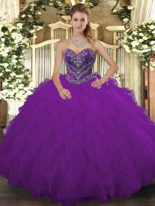  Sweetheart Sleeveless Tulle 15th Birthday Dress Beading and Ruffled Layers Lace Up