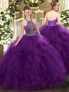 Dynamic Purple Ball Gowns Tulle Halter Top Sleeveless Beading and Ruffles Floor Length Lace Up Sweet 16 Dresses