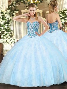  Sweetheart Sleeveless Lace Up 15 Quinceanera Dress Light Blue Tulle